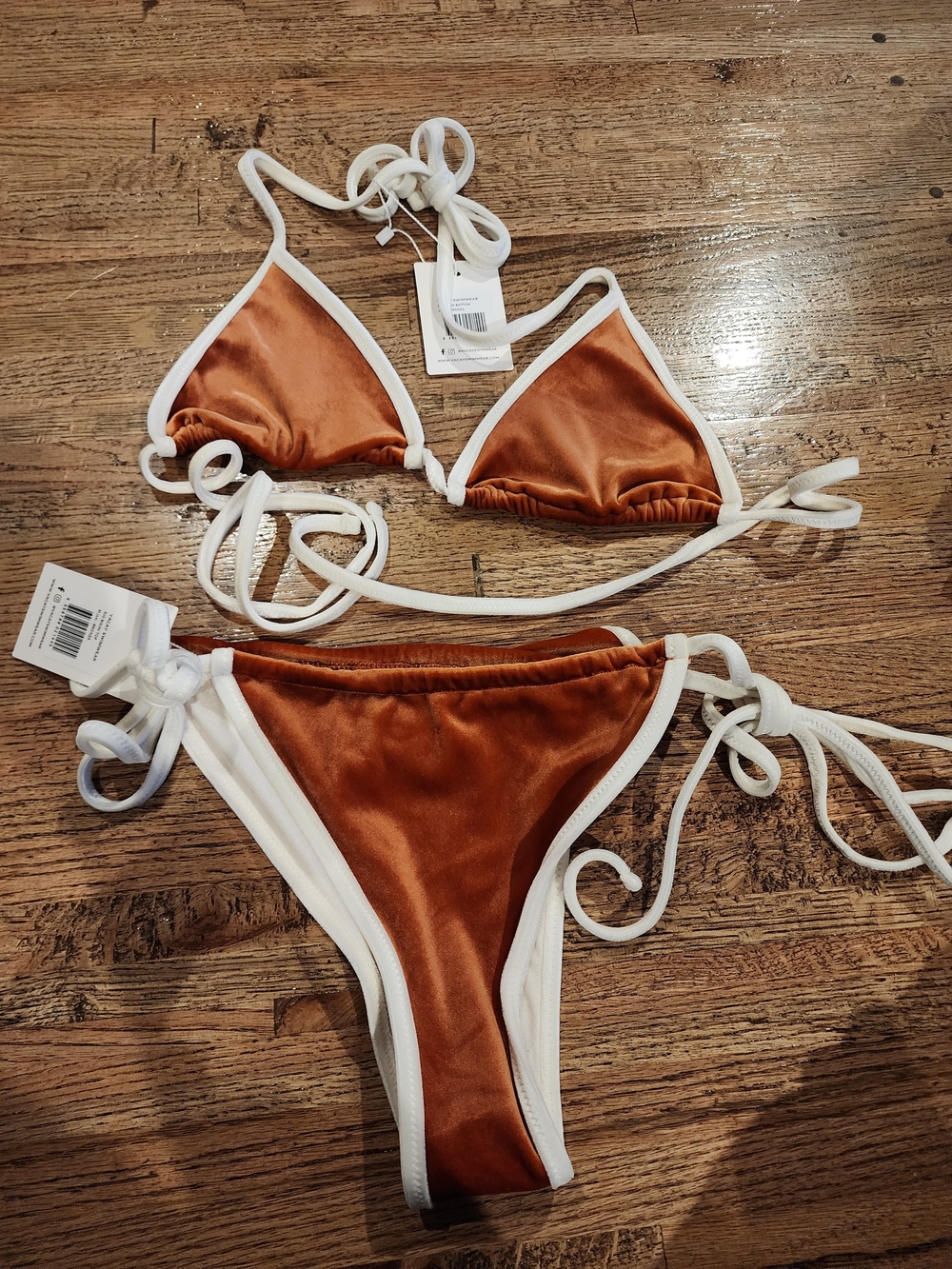 Velvet Triangle Bikini Set in Rust with White Trim